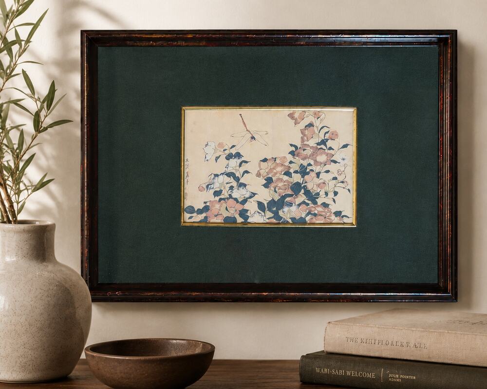 Vintage Japanese Dragonfly Botanical Print Framed Washi Paper Asian Wall Art